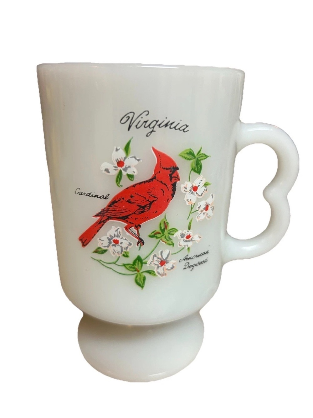 Vintage Virginia Mug Milk Glass Coffee Tea Red Cardinal Bird MCM Farmhouse
